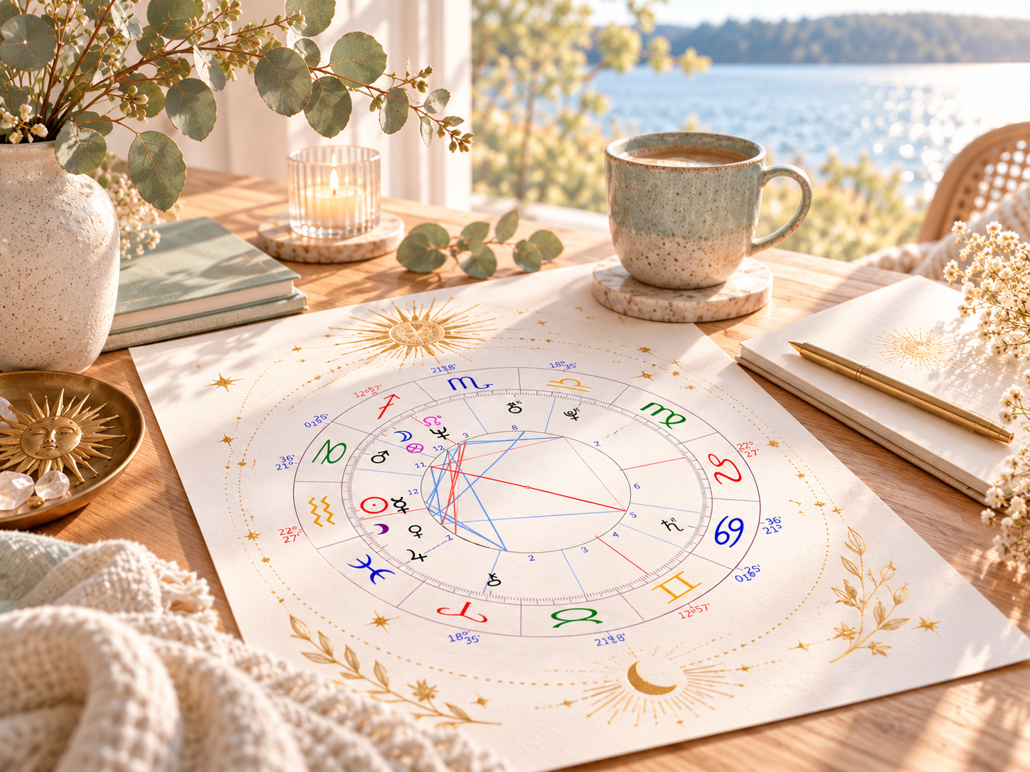 Astrologisches Geburtshoroskop auf dem Tisch am See