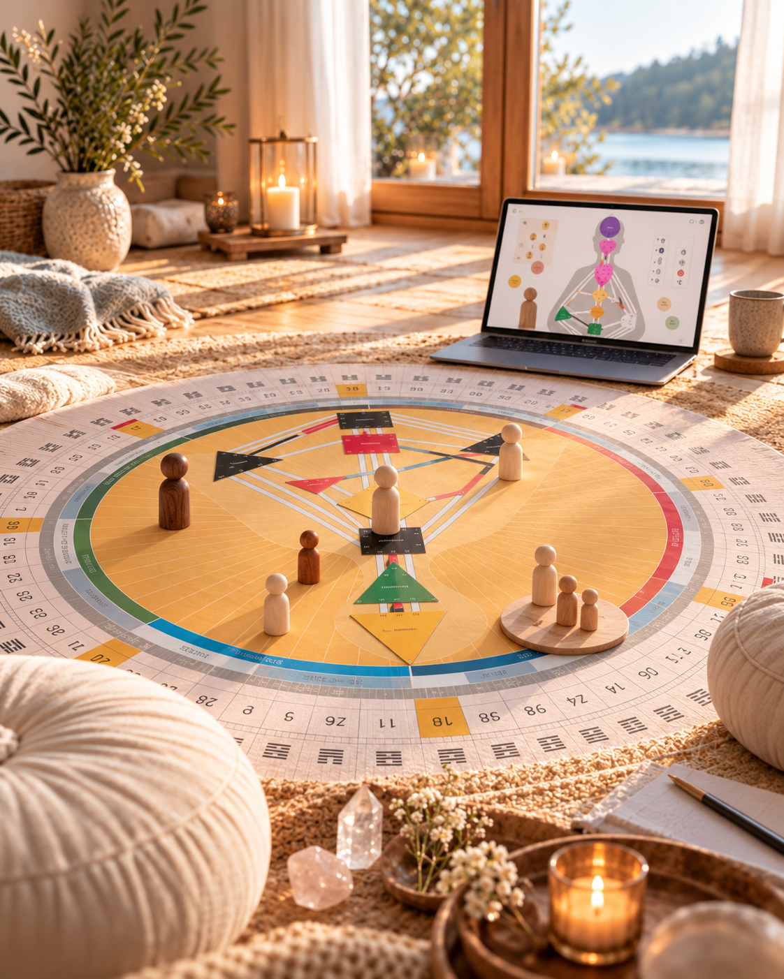 Human Design Chart als große Mandala-Unterlage im Raum